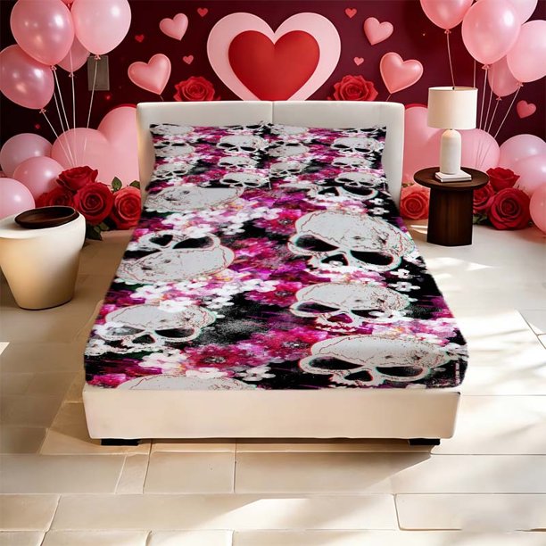 Gothic Skull Flower Pattern Printed Fitted Sheet Set Both Stylish and Warmly Romantic Suitable for All Seasons! An Ideal Gift for Family Friends Holidays and Pa