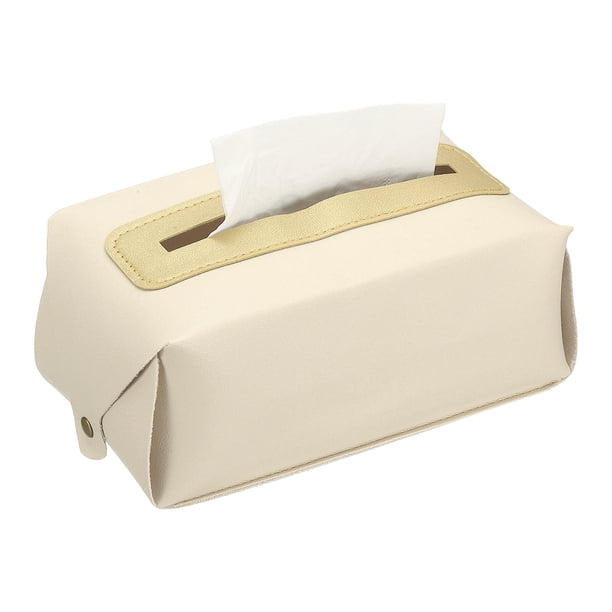 Uxcell Cubierta de Caja de Pañuelos de Cuero Sintético, Cubierta de Caja de Pañuelos de PU Rectangular con Botón para Decoración de Hogar/Baño/Coche/Oficina (Beige Blanco, 7.87 x 4.72 x 3.54 Pulgadas)