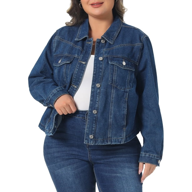 Chaqueta de mezclilla para mujer de talla grande Agnes Orinda con solapa, mangas largas, botones, chaqueta casual de mezclilla con bolsillos 3X azul