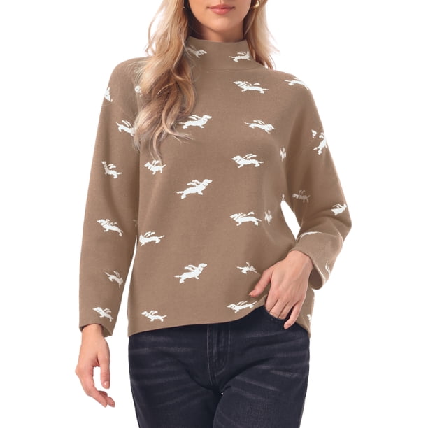 INSPIRE CHIC Suéter de Manga Larga para Mujer Cuello Simulado Casual Jersey de Punto Tops S Caqui