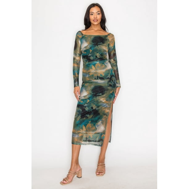 Vestido De Malla De Manga Larga Con Hombros Descubiertos Estampado Floral Y Detalles Fruncidos Color Jade bronceado (para Mujer)
