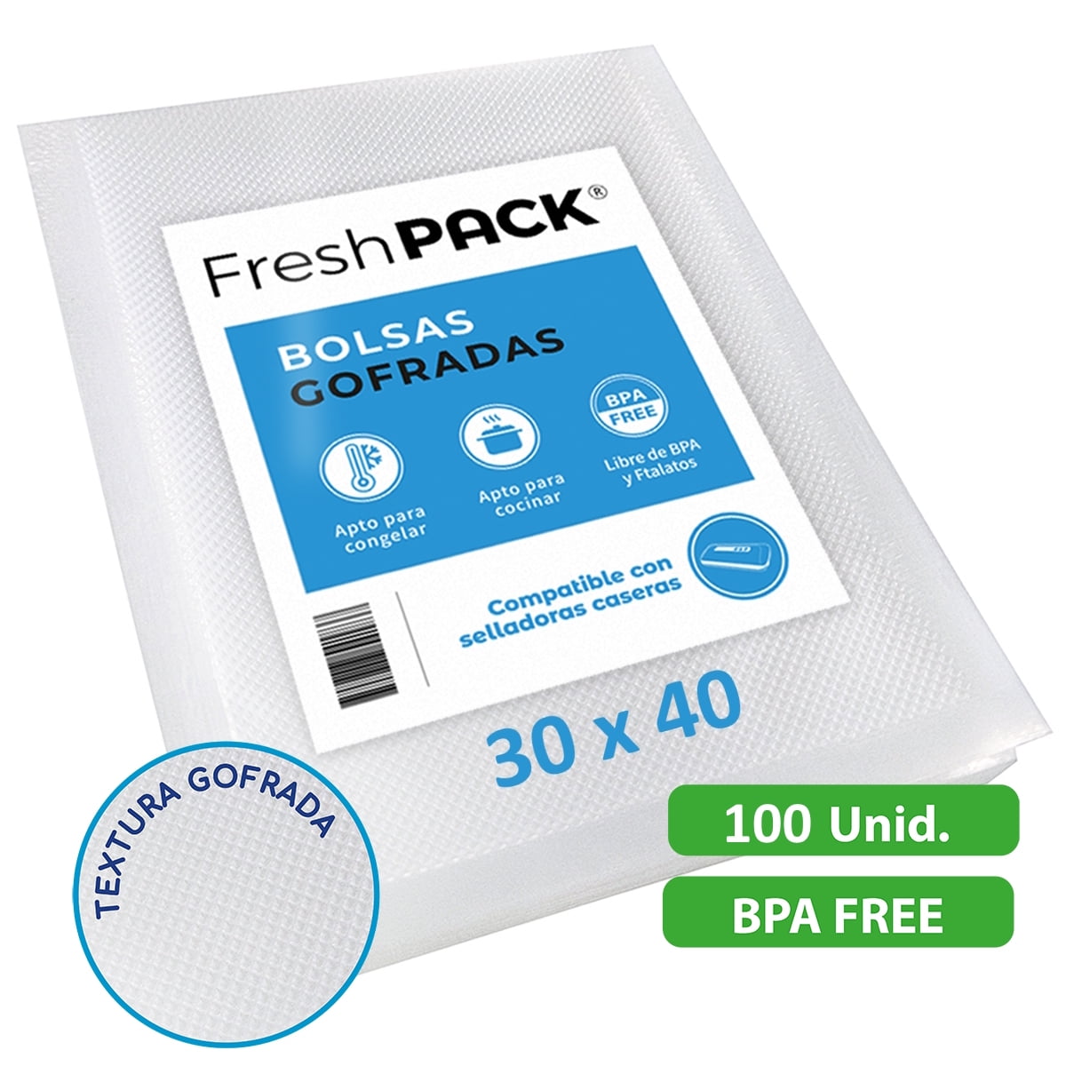 Freshpack - 100 Bolsas Sellado Al Vacío Gofradas 30x40 Cms 80 Micras