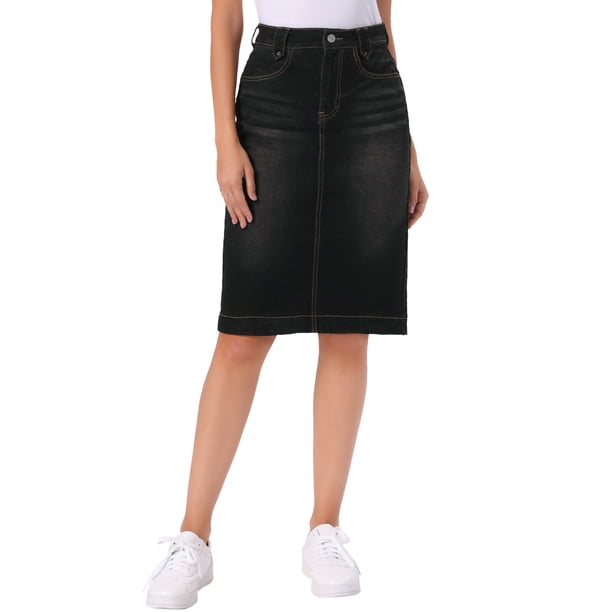 INSPIRE CHIC Falda de Mezclilla para Mujer de Cintura Alta con Bolsillos Traseros y Abertura, Falda Lápiz a la Rodilla L Negro
