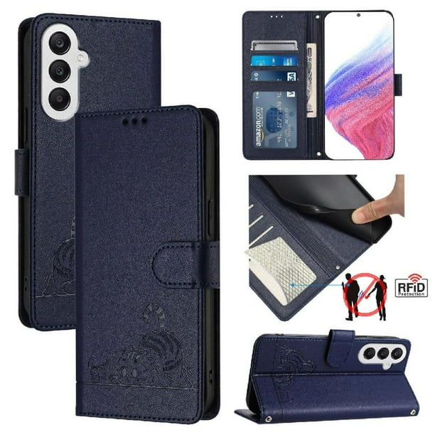 Funda tipo cartera FOXDOCK para Samsung Galaxy A25 5G con soporte, ranuras, RFID, diseño de gato