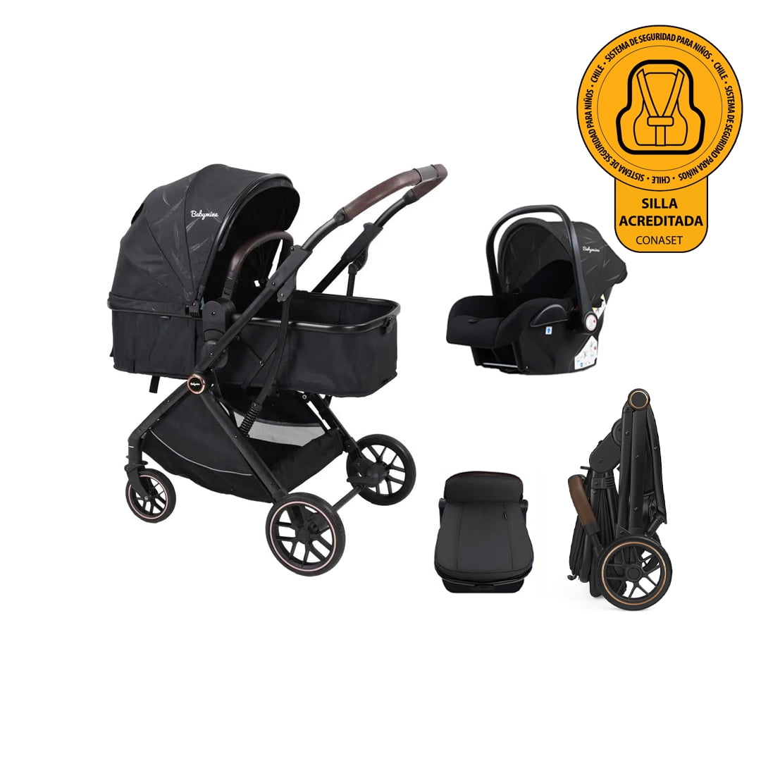 Babymine - Coche De Bebé Travel System E-crib Negro + Silla Y Base