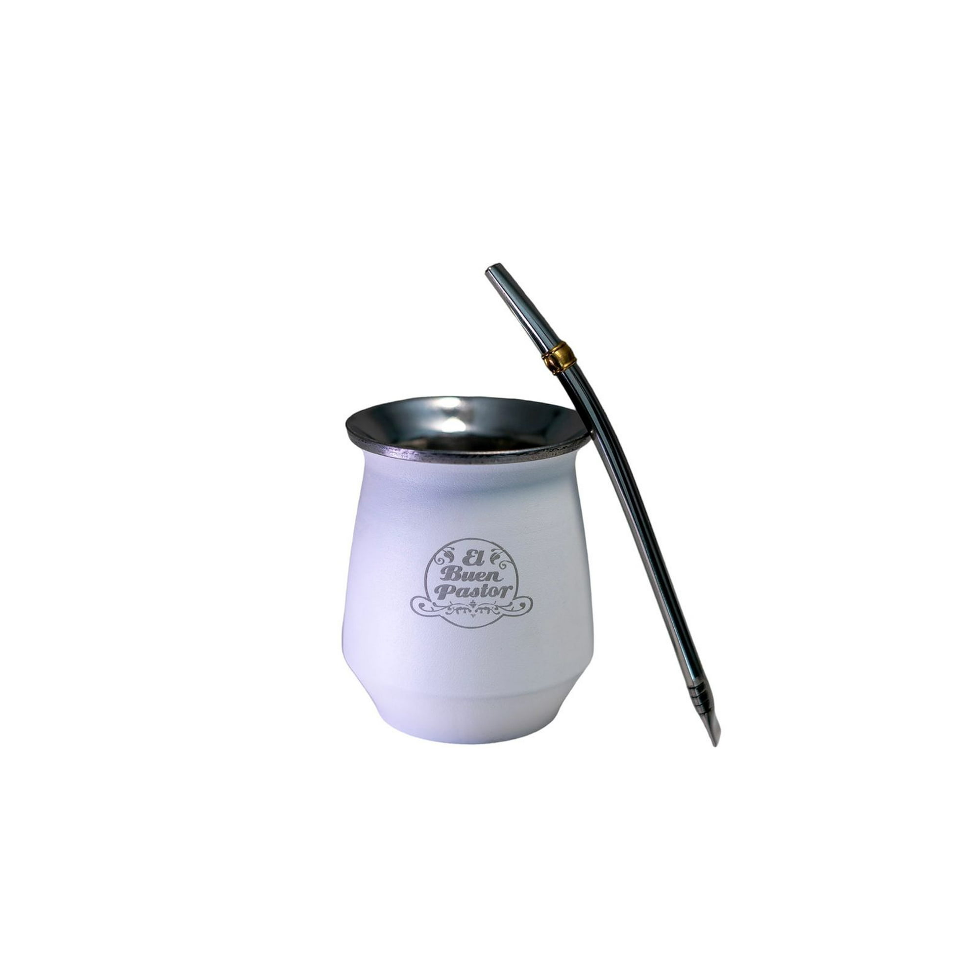 El Buen Pastor - Mate Flora Acero Inoxidable Blanco Con Bombilla