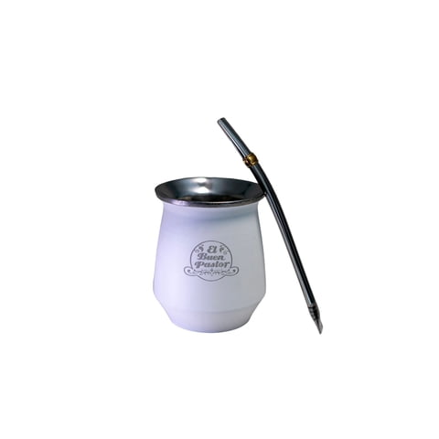 El Buen Pastor - Mate Flora Acero Inoxidable Blanco Con Bombilla