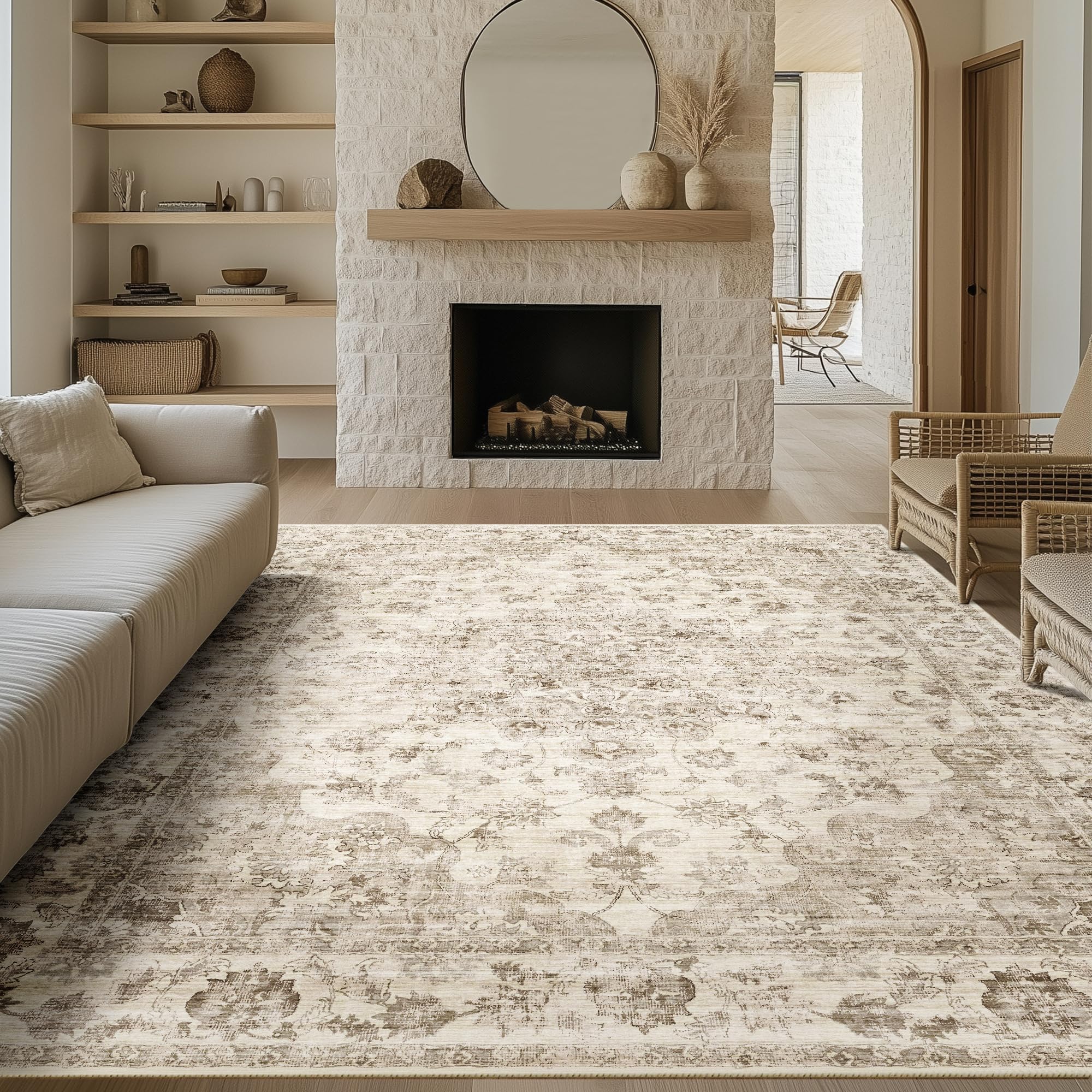 Alfombra Area Wondrg, Color Beige Neutro, Con Estampado Floral, 230 X 300 Cm, Antideslizante