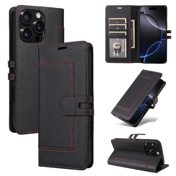 Premium Wallet Case for iPhone 15 Pro with Card Slots & Kickstand, Flip Cover Black