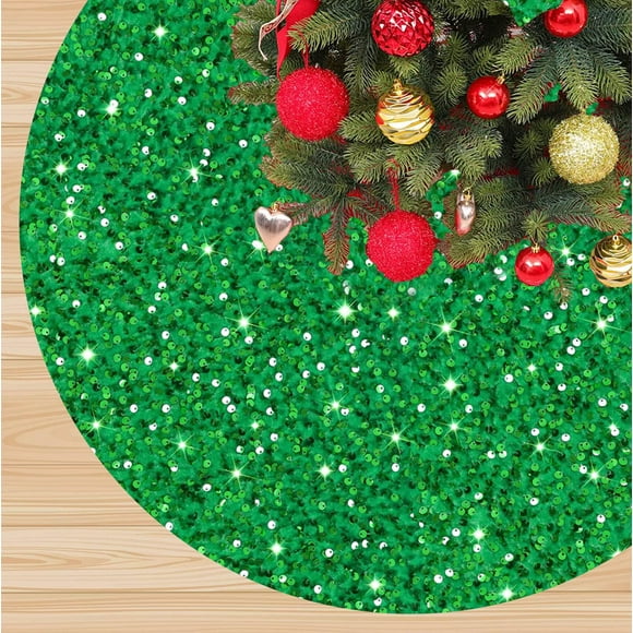 Falda para árbol de Navidad FANPROMS, lentejuelas verdes, 53 cm de diámetro