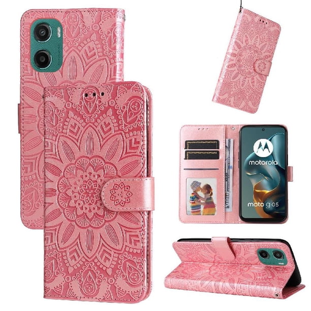 Funda tipo cartera FOXDOCK para Motorola Moto E15 , diseño girasol en relieve, cuero PU, cierre magnético, soporte y tarjetero