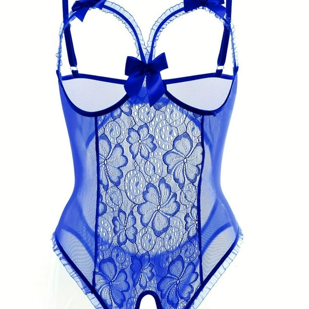 Erotic Floral Lace Bow Mesh Teddy, Hollow Out Open Bust Open Crotch Ruffle Bodysuit, Women's Sexy Lingerie & Underwear