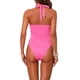 thumbnail image 3 of INSPIRE CHIC Traje de Baño Monokini de 1 Pieza para Mujer con Hebilla de Metal y Recorte, Halter, Acanalado, Escote en V Profundo, Control de Abdomen, Color Rojo Rosado, Talla Pequeña, 3 of 5