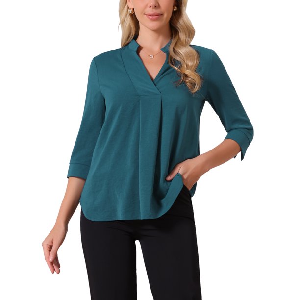 INSPIRE CHIC Tops de Mujer con Manga 3/4 Cuello en V Blusas Plisadas de Trabajo Elegantes Casual Modernas de Verano S Azul Pavo Real