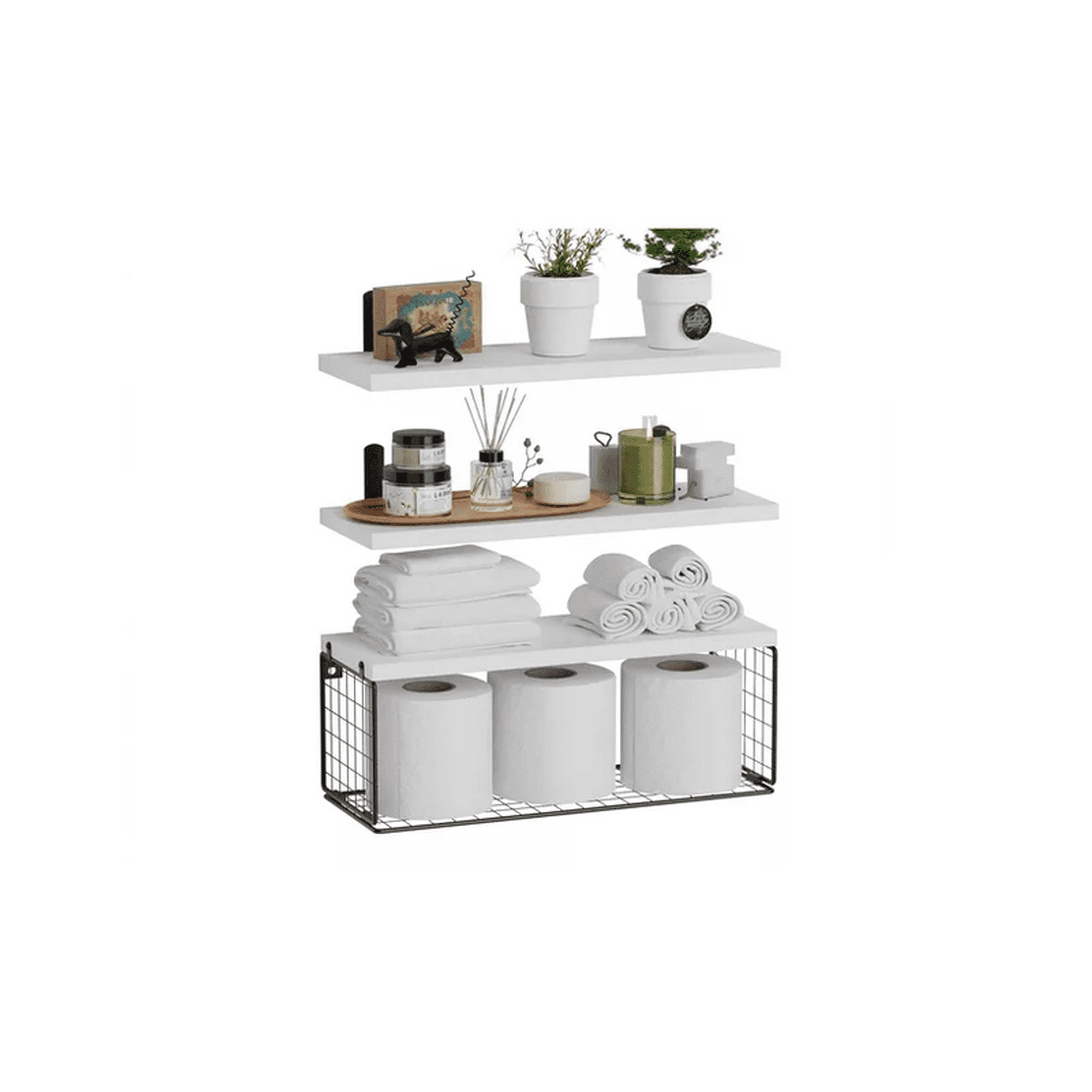 Genérico - Repisas Flotantes De Madera Modernas X3 Con Reja 100% Pino Blanco