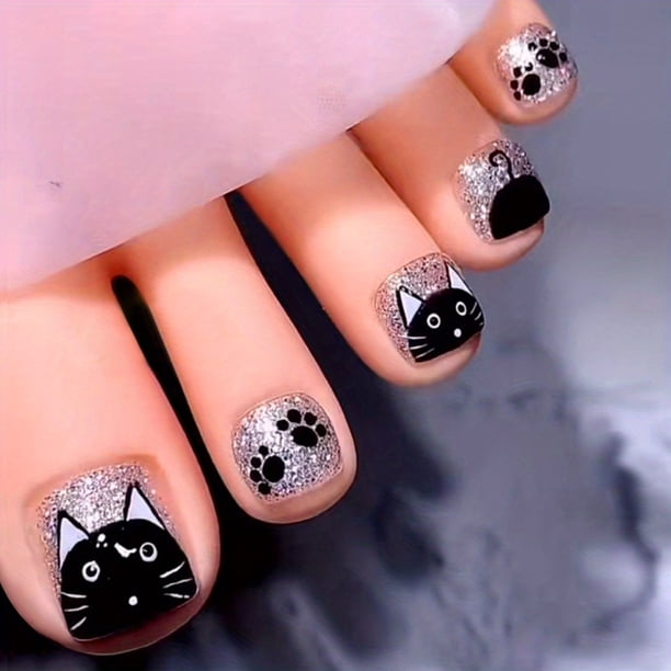 24pcs Cute Cat Press On Toe Nails Square Fake Toe Nails Glossy Full Cover Glitter Silver Powder Stick On Nails False Toe Nails With Glue Sticker And Nails File For Women Girls