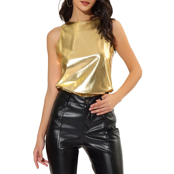 INSPIRE CHIC Camiseta Holográfica Brillante de Halloween para Mujer Fiesta Disco Top de Tirantes Metálico para Mujer XL Oro Brillante