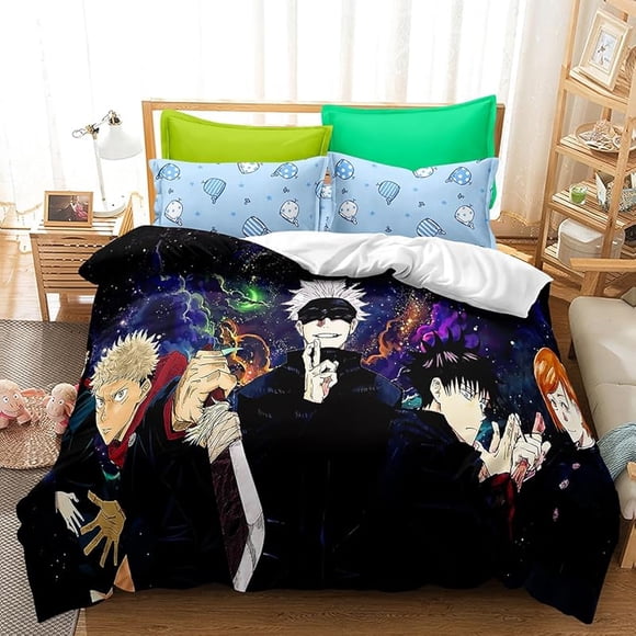 Anime- 3D Cartoo-n Cute Juj-utsu -Kai-sen 3 P-iece Anime Gir-l Comf-orter Set Boy-s and Girl-s Bed-ding Set -Super Soft Co-mforter Zipp-er 2 P-illowcas-es for Girl-s Boys