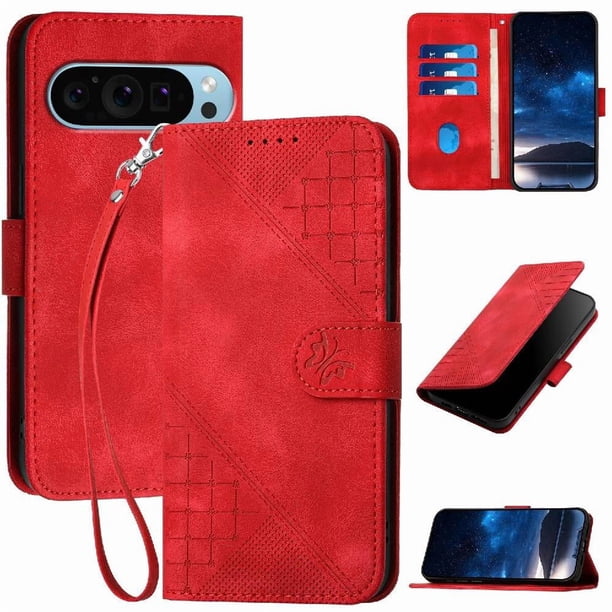 Funda Flip Premium Fibra de Carbono para Google Pixel 9 Pro XL con Soporte y Cierre Rojo