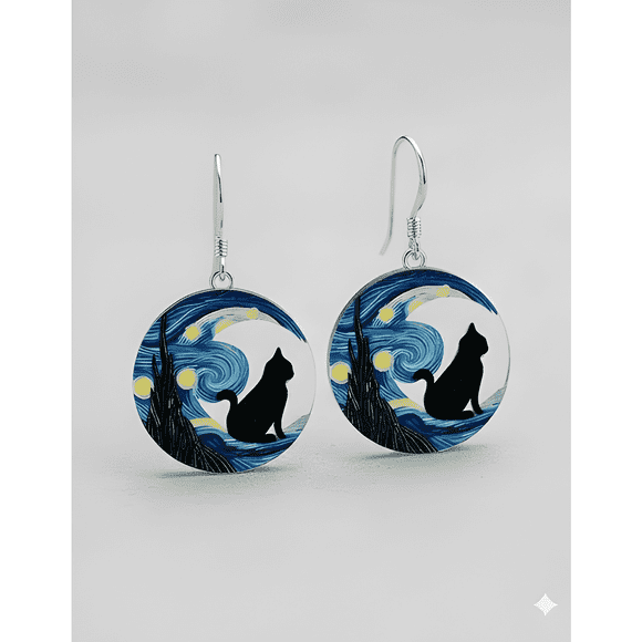 Aros Van Gogh Gatito Arte Acrílico Gancho De Plata Gato #1