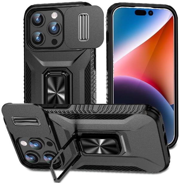 Funda Armada para iPhone 15 Pro con Tapa Deslizante y Soporte Magnético Giratorio Negro