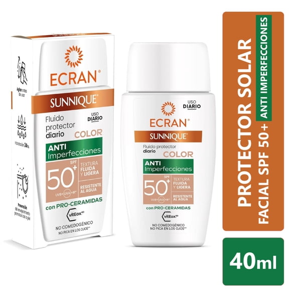Protector solar Ecran sunnique fluido sérum anti - imperfecciones color spf50, 40 ml