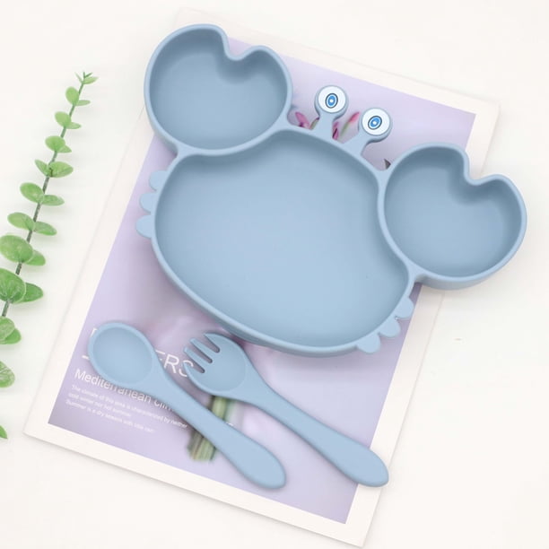 Baby Silicone Plate With Suction Cup, Suitable For Baby, Baby Spoon And Fork Set Suitable For Children, Baby Tableware, Children's Plate - Crab