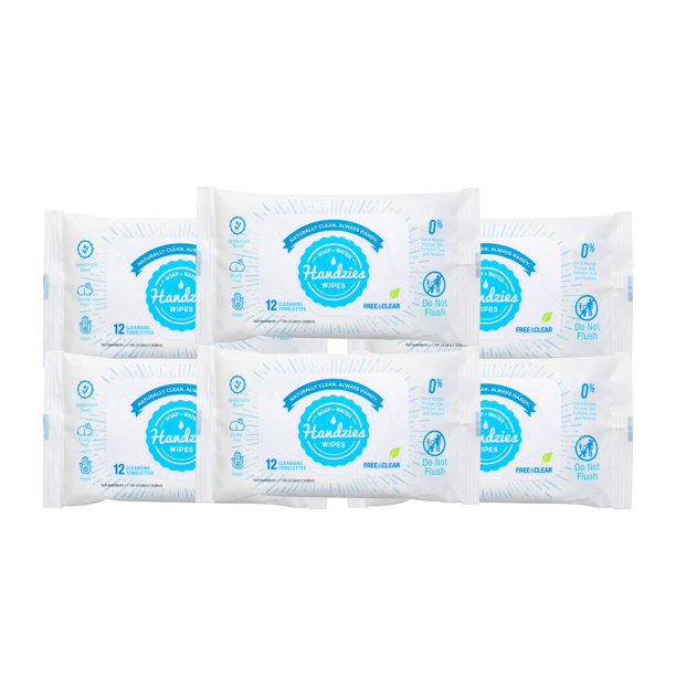 Toallitas limpiadoras naturales con agua y jabón Handzies, gratis y transparentes, paquete de viaje de 12 unidades, paquete de 6 (72 toallitas en total)