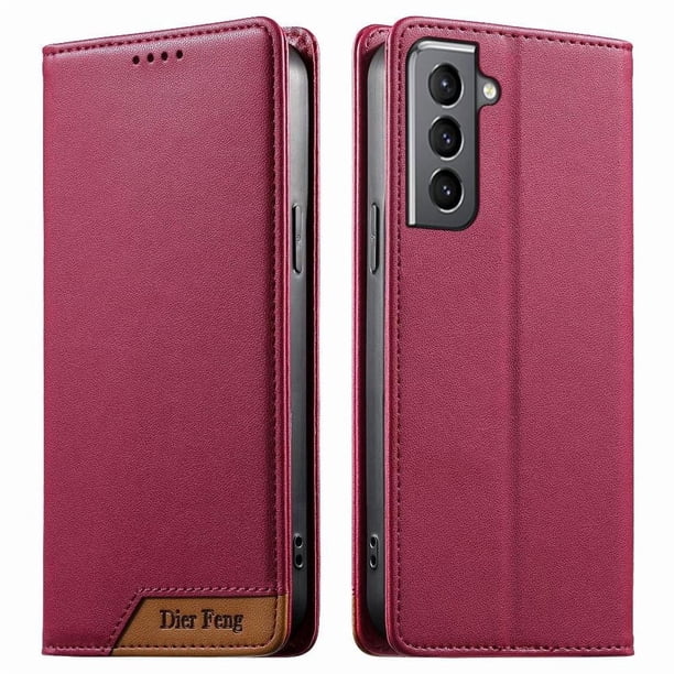 Funda Tipo Cartera de Cuero Sintético para Samsung Galaxy S21 Bloqueo RFID, con Ranuras para Tarjetas y Bolsillo para Efectivo, Cierre Magnético Fuerte Rojo