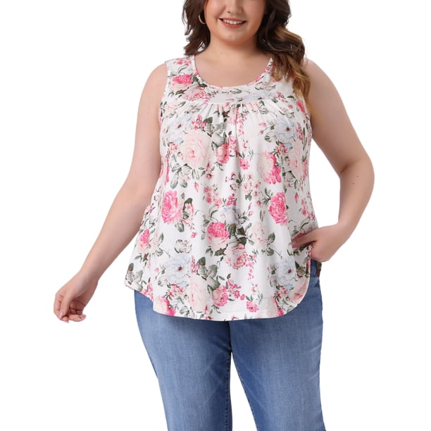 Agnes Orinda Camisetas sin mangas boho de talla grande para mujer con cuello redondo plisado, sin mangas, dobladillo curvado, casual, playero, fluido, camisola, talla 2X, blanco