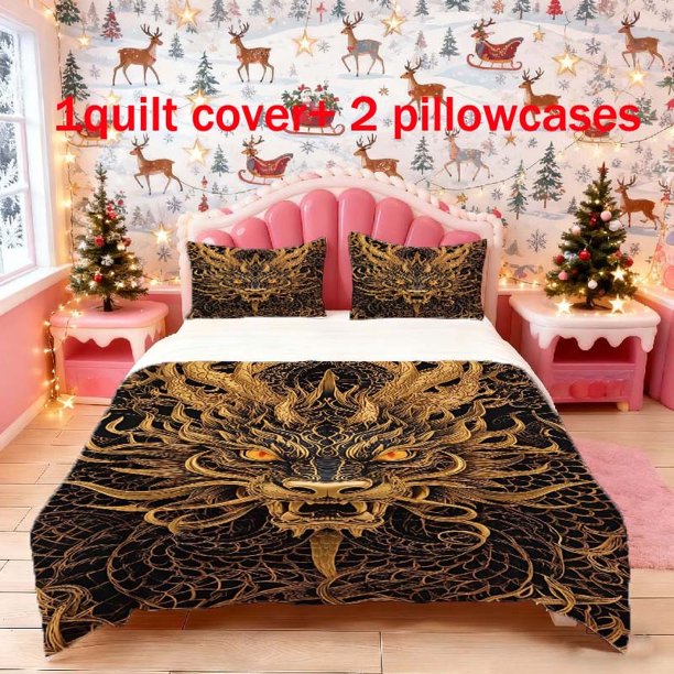 3pcs Artistic Oriental Golden Dragon Print Bedding Set Duvet Cover and Pillowcases