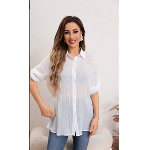 Blusa Mujer Tipo Lino Algodón Manga Larga Premium Liviana Botones 8056