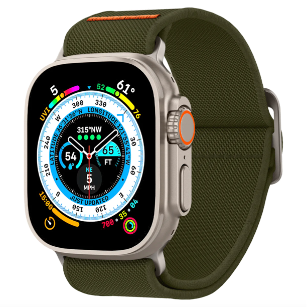 Correa Spigen Lite Fit compatible con Apple Watch – 44 / 45 / 46 / Ultra 49 MM – Tela - Verde / Conector Titanio