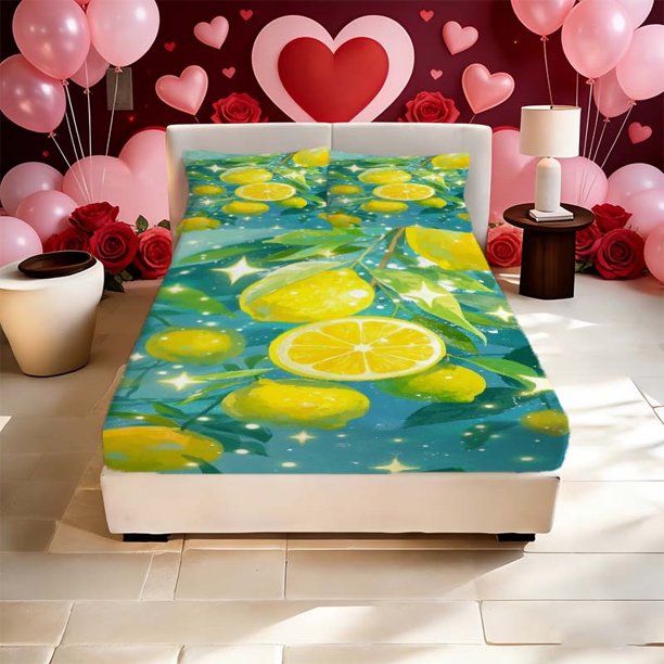 Lemon Fresh Illustration Printed Bed Sheet Pattern Printed Bed Sheet a Must-Have for Family Guest Rooms Deep Pockets Are Stable And Do Not Shift Soft And Breath