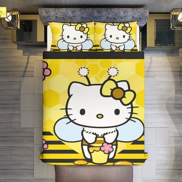 Hello Kitty Bee 3 Pieces Duvet Cover Set Full Size Super Soft Fade Resistant Microfiber