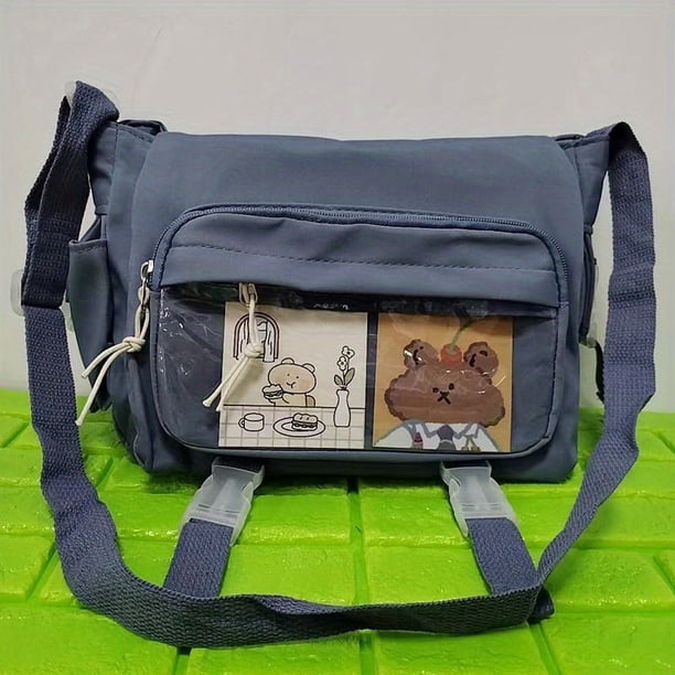 Get Ready for School with Our Kawaii Nylon Crossbody Bag - Spacious, Clear Pocket Front, and Includes Patch or Pins!