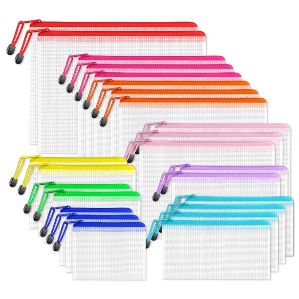 SUNEE Bolsas de Malla con Cremallera Multitamaño (9 colores, 24 unidades), Bolsa con Cremallera para Material Escolar, Oficina, Rompecabezas y Juegos