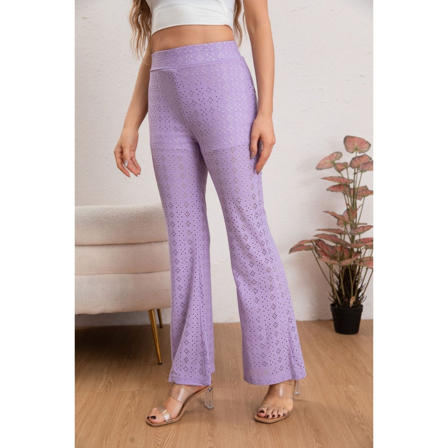 Likeshop - Pantalón Flare Playero Mujer Broderie Juvenil Verano 5007