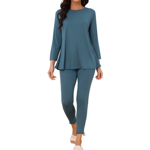 Conjunto de Pijama de Manga Larga para Mujer INSPIRE CHIC, Suave Conjunto de 2 Piezas para Dormir y Descansar con Pantalones a Juego S Azul