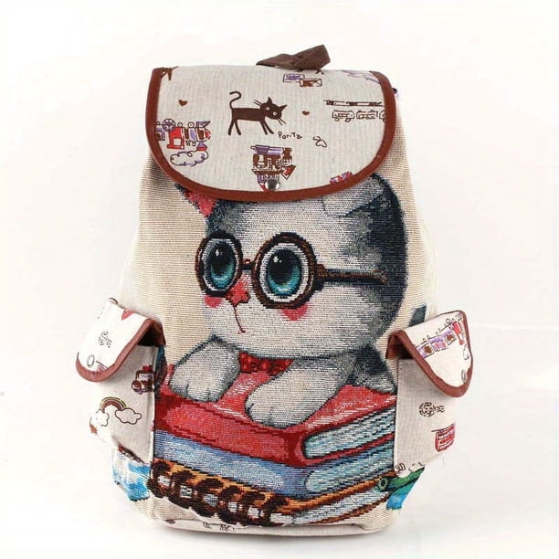 Kawaii Cartoon Flap Backpack, Classic Vintage Storage Travel Rucksack, Women's Casual School Bag