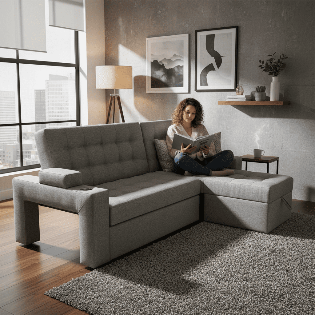 Camila Home - Sofá Cama 3 Cuerpos Gris Oscuro Felpa 200 Cm Con Baúl Y Puffs