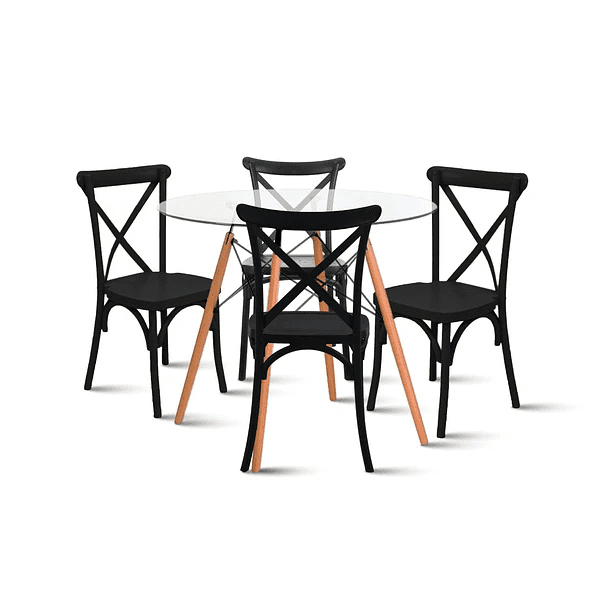 Klik Muebles - Comedor Mesa Eames Vidrio 80cm + 4 Sillas Crossback Negras