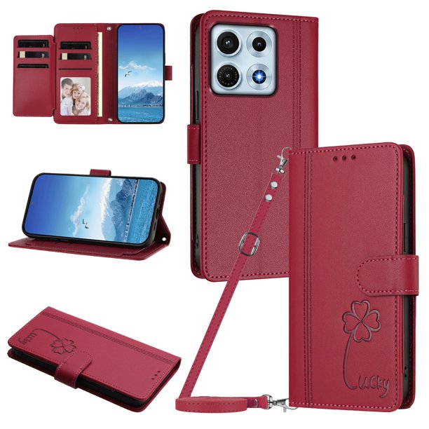 Funda Cartera Trébol para PT33-MOTO Edge 70 Max 5G con Ranuras Tarjetas y Carga Inalámbrica Rojo