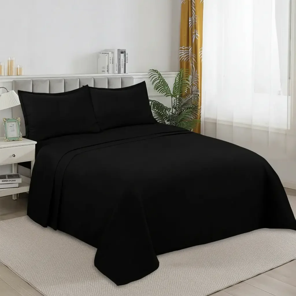 Casadeliacl - Sábanas W.m G Juego De 200 Hilos Para Colchón 2 Plazas Negro Liso