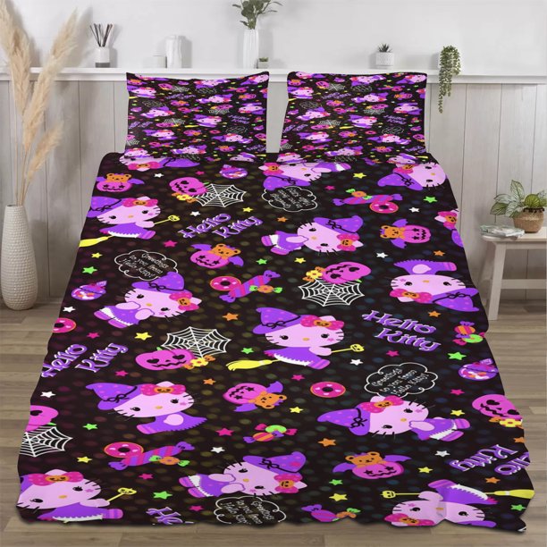 Halloween Hello_Kitty_ Quilt Set FullSoft Lightweight Quilts Quilted Bedspreads3 Pieces Set Queen SizeColorful Cartoon Print All Season 173*218CM