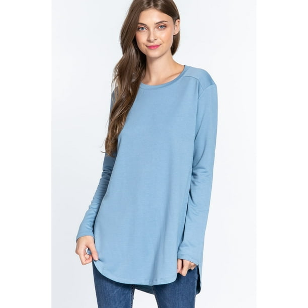 Saronite Túnica Básica de Felpa Francesa con Cuello Redondo, Manga Larga y Abertura Lateral, Azul (para Mujer)