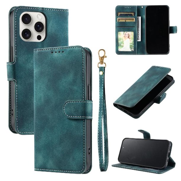 Funda Cartera para iPhone 14 Pro Tapa con Ranuras, Soporte y Correa Verde
