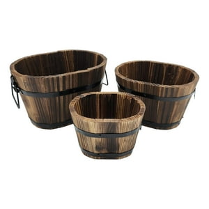 Fliperex - Set 3 Maceteros De Madera Tipo Barril Para Jardín Terraza Cafe