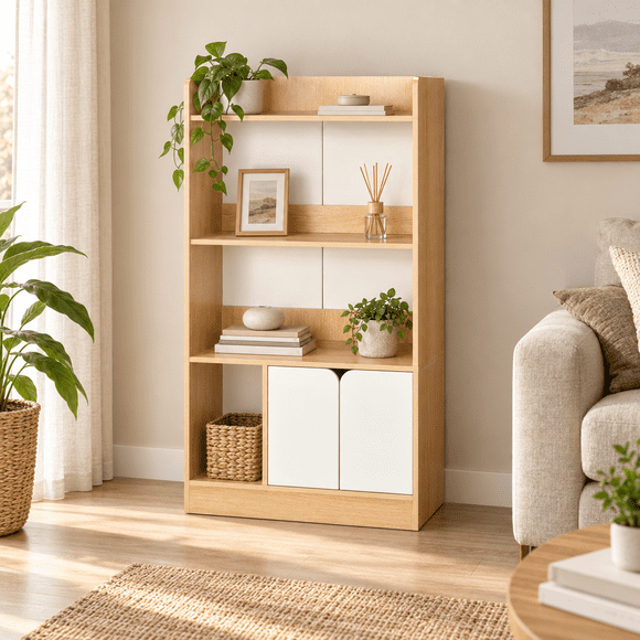 Librero Moderno Con puertas Y 4 Niveles Ajustable Multifuncional Para Living Y Oficina 60x30x120cm