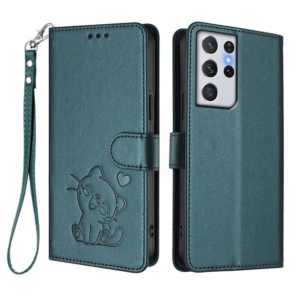 Carcasa Billetera de Cuero Sintético para Samsung Galaxy S21 Ultra, Verde Oscuro